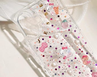 Aangepaste naam Bling Sparkle Hello Kitty-ontwerpbedels roze schattig aangepast telefoonhoesje iPhone 17 16 E 15 14 Plus 13 12 11 Pro Max Samsung-hoesjes