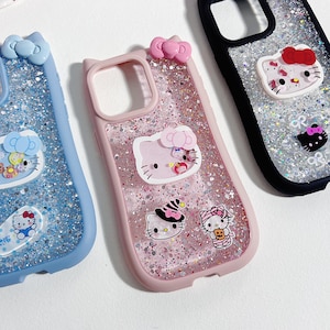 ハローキティ スパークル スパンコール キラキラ 猫耳 デザイン チャーム ブルー キュート ピンク ハンドメイド チャーム 携帯ケース iPhone 16+ 15 14 13 12 11 Pro Max
