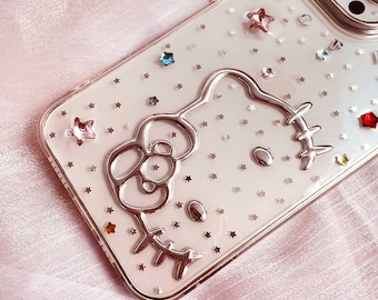 カスタムネーム キラキラ輝くハローキティデザインチャーム ピンク かわいい カスタマイズ携帯ケース iPhone 17 16 E 15 14 Plus 13 12 11 Pro Max ケース