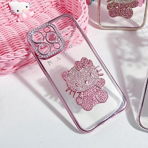 Breloques design Hello Kitty en cristal strass scintillant rose Coque personnalisée avec nom mignon et nom personnalisé iPhone 16 E 15 14 Plus 13 12 11 Pro Max