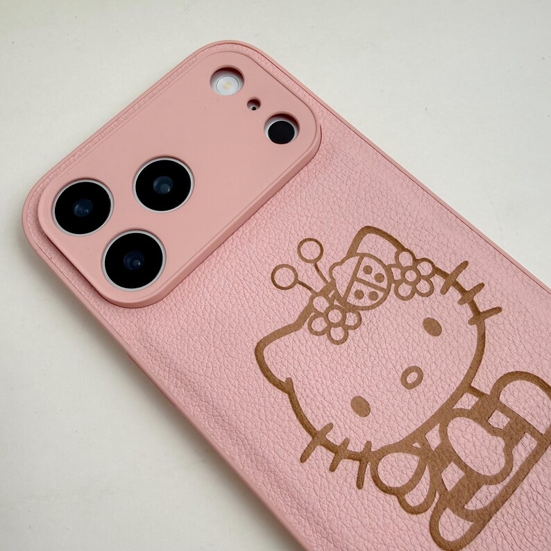 Puede incluir: Funda de tel&eacute;fono rosa con un dise&ntilde;o de Hello Kitty en relieve marr&oacute;n. La funda tiene una superficie texturizada y un m&oacute;dulo de c&aacute;mara con tres lentes. El dise&ntilde;o incluye una mariquita y flores.