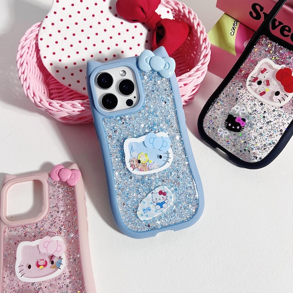 Sequin Sparkle Bling Hello Kitty Cat's ears Design Charms Blue Cute Pink  Handmade Charms Phone case iPhone 16 Plus 15 14 13 12 11 Pro Max