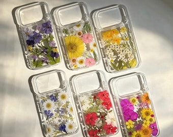 Real Floral Pressed Flower Clear Phone Case iPhone 17,16 E 15,14,13,12, mini–Pro Max plus Samsung Galaxy S23 S24 S25 S26 Ultra Flowers Case