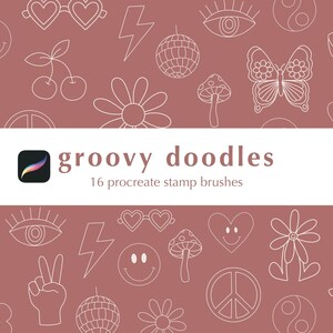 Può includere: Un'illustrazione digitale di 16 icone in stile doodle groovy, tra cui un segno di pace, un viso sorridente, un fulmine, una farfalla, un fungo, una margherita, un simbolo yin yang e una palla da discoteca. Il testo "groovy doodles" e "16 procreate stamp brushes" è incluso anche nell'immagine.