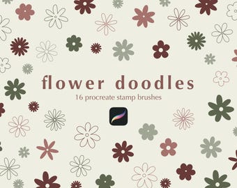 May include: A digital illustration of 16 flower doodles in various styles and colors. The doodles are arranged in a random pattern on a light beige background. The text "flower doodles" and "16 procreate stamp brushes" is displayed in the center of the image.