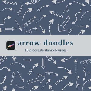 Op de afbeelding: Donkerblauwe achtergrond met witte pijldoodles in verschillende stijlen. De afbeelding bevat de tekst "arrow doodles" en "18 procreate stamp brushes" met een Procreate app-icoon.