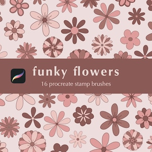 Può includere: Un'illustrazione digitale di 16 pennelli per timbri di fiori funky per Procreate. I fiori sono in tonalità di rosa e marrone su uno sfondo rosa chiaro. Il testo "funky flowers" e "16 procreate stamp brushes" è visualizzato in marrone.
