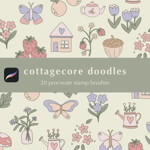Peut inclure: Un ensemble de 20 brosses de tampon Procreate avec des gribouillis sur le thème du cottagecore. Les gribouillis comprennent des papillons, des fleurs, des maisons, des champignons, des fraises et plus encore. Les gribouillis sont dans une palette de couleurs pastel et ont un style fantaisiste et dessiné à la main.