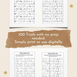 May include: Four white pages with black line drawings, each labeled "CHALLENGE 100." The pages feature various small illustrations. A brown paper strip reads "100 Trials with no prep needed. Simply print or use digitally." Gold glitter stars are in the corners.