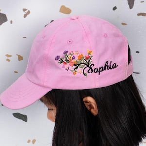 Personalized Kids Hat Kids Baseball Cap with Flower Custom Children&#39;s Hat with Name Embroidered Children&#39;s Baseball Cap Baby Birthday Gift