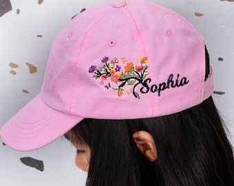 Personalized Kids Hat Kids Baseball Cap with Flower Custom Children's Hat with Name Embroidered Children's Baseball Cap Baby Birthday Gift