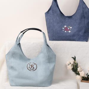 Custom Jean Tote with Initials Beach Bag for Bridesmaid Gift Embroidered Name Tote Best Friend Gifts for Sister Bag for Back to School Gifts