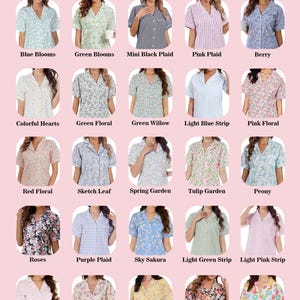 May include: A grid of pajama tops in various floral and patterned designs. The tops are displayed with color options including "Blue Blooms", "Pink Plaid", "Roses", and "Donuts". The text "Color options" is at the top.