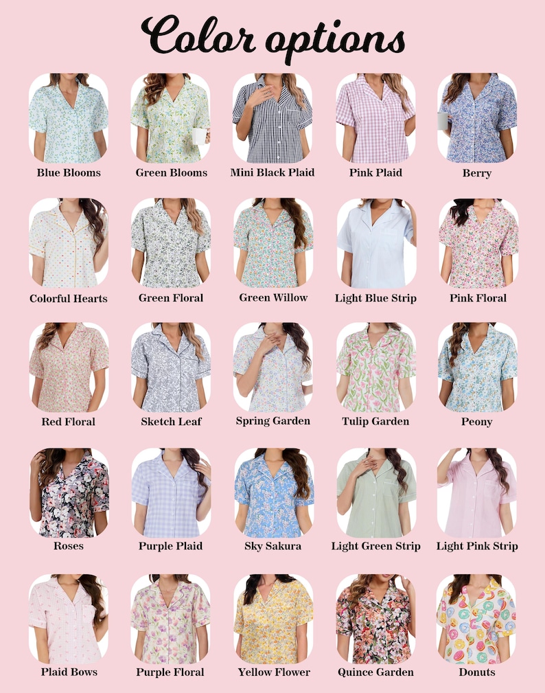 May include: A grid of pajama tops in various floral and patterned designs. The tops are displayed with color options including "Blue Blooms", "Pink Plaid", "Roses", and "Donuts". The text "Color options" is at the top.