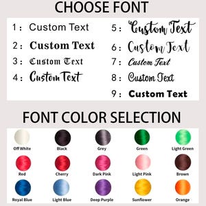 May include: Image showing font and color options for customization. The top section displays nine font styles with the text "Custom Text." The bottom section presents a color palette with options like black, red, green, and blue.