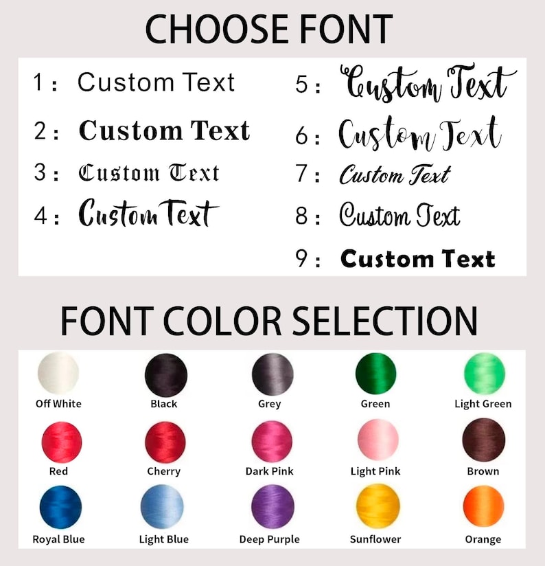 May include: Image showing font and color options for customization. The top section displays nine font styles with the text "Custom Text." The bottom section presents a color palette with options like black, red, green, and blue.