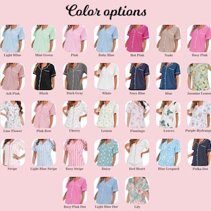 May include: A variety of pajama sets in different colors and patterns are displayed. The image includes options such as light blue, mint green, pink, and floral prints. The text "Color options" is at the top.