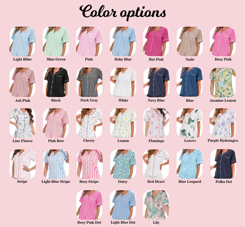 May include: A variety of pajama sets in different colors and patterns are displayed. The image includes options such as light blue, mint green, pink, and floral prints. The text "Color options" is at the top.