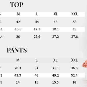 May include: Navy blue pajama set with white trim, consisting of a button-down top and shorts. The image also includes a size chart with measurements for the top and pants, including bust, shoulder, waist, and hip sizes in inches.