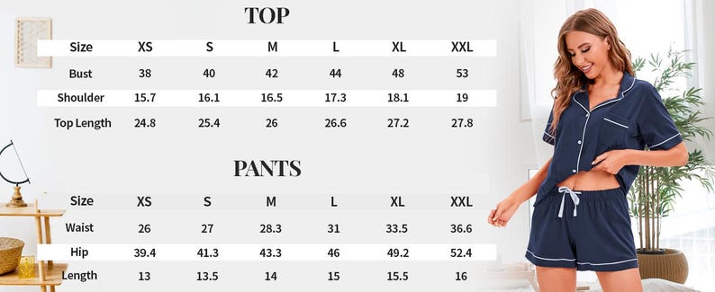 May include: Navy blue pajama set with white trim, consisting of a button-down top and shorts. The image also includes a size chart with measurements for the top and pants, including bust, shoulder, waist, and hip sizes in inches.
