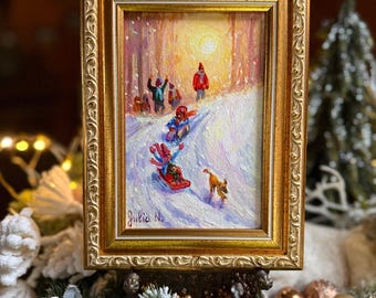 Children enjoy on Sled| Winter Christmas Miniature Oil Painting 10x15 cm – Snowy Landscape Art – Framed or Unframed – Cozy Childhood Memory