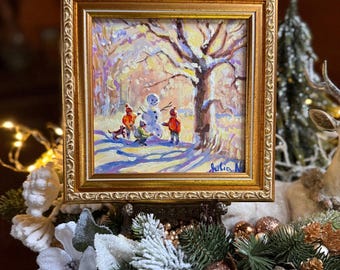 Children building a snowman Winter Christmas Miniature original Oil Painting 15x15 cm Snowy Landscape Art Framed Cozy Childhood Memory