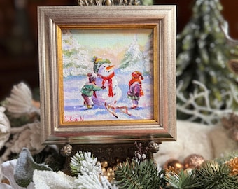 Children, Snowman, sled | Winter Christmas Miniature Oil Painting 10x10 cm| Snowy Landscape Art |Framed or Unframed| Cozy Childhood memories