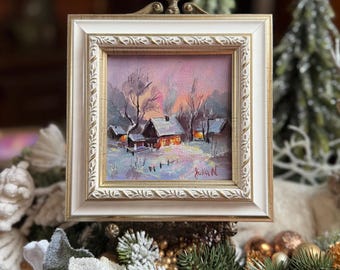 Winter Village Oil Painting – Cozy Evening Snow Scene | Original Miniature| 10x10 cm Framed |Warm Light Cottage Art•Ukrainian countryside