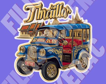 Enhance your collection with this Tuk-Tuk Thailand Sticker, featuring a beautiful Thai temple background.