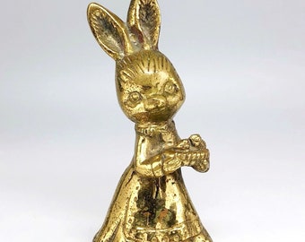 Brass Bunny Rabbit Bell, Easter Decor Figurine, Dress Flower Basket, Vintage Kitsch, Made in India