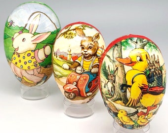 3 Decoupage Paper Mache Easter Eggs, Vintage Candy Containers, Bunny Rabbit Duck Chicks, Made in West Germany