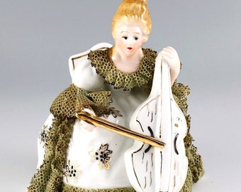 Andrea by Sadek Victorian Edwardian Woman Playing Cello Instrument Porcelain Lace Figurine Japan Vintage