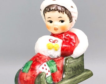 Décoration de Noël annuelle pour bébé Goebel, figurine de traîneau, fillette, porcelaine peinte à la main, Charlot Byj, vintage fabriqué en Allemagne 1990
