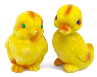 2 Vintage Easter Flocked Chick & Duckling Figurines, Fuzzy Yellow Spring Decorations, Made In Hong Kong