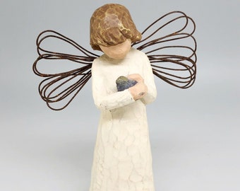 Willow Tree Angel of Healing Figurine, Angel Holding Bird, Wire Wings, Folk Art Cottagecore, Demdaco Susan Lordi, Vintage 2000