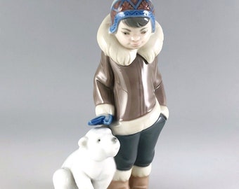 Lladro Daisa 5238 Eskimo Boy avec figurine d'ourson polaire, porcelaine émaillée peinte à la main, fabriquée en Espagne, vintage 1984