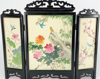 Japanese 3 Panel Tabletop Miniature Folding Screen, Hand Painted Silk Birds Asian Landscape, 2 Sided Carved Wood Frame, Vintage