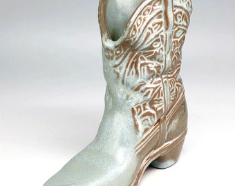 Frankoma Pottery #134 Cowboy Boot, Vase Planter Figurine, Sapulpa Clay & Woodland Moss Glaze, Vintage Made in USA