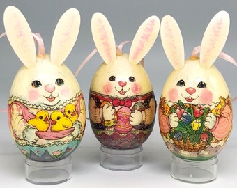 3 Midwest of Cannon Falls Rabbit Easter Bunny Ornaments, Hanging Decoupage Eggs With Ears, Vintage