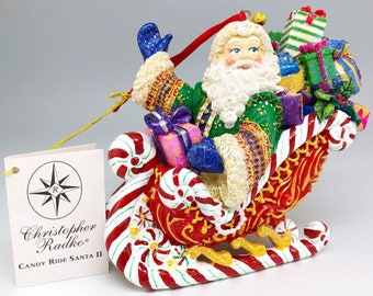 Christopher Radko Candy Ride Santa II, adorno navideño de porcelana pintado a mano, trineo con regalos, decoración navideña vintage