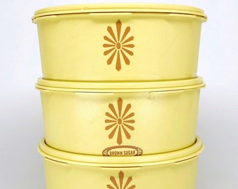 3 Tupperware Harvest Gold  Stacking Containers #1204, 8 Yellow Servalier Lids, Vintage 1970s Kitchen Storage, 8 Cups/2 Quarts