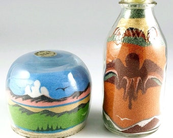 2 Rainbow Way Sand Art Bottles, Southwest Mountains Thunderbird Bird, SW Decor, Vintage Handmade in USA