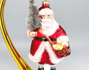 Santa Claus Christmas Tree Ornament Hand Blown Glass Bottle Brush Tree Glitter Sack Vintage