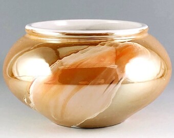 Royal Haeger Pottery Planter, Peach Luster Bowl, Round Glazed Ceramic Pot, Iridescent Orange Gold Vase, Vintage Made in USA