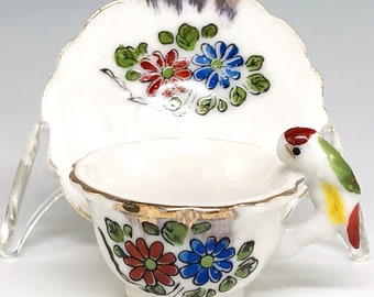 Miniature Teacup & Saucer Set Parrot Handle Hand Painted Porcelain Flowers Tea Cup Japan Vintage