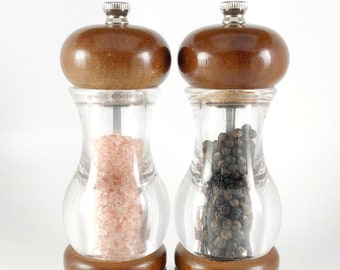 Cole & Mason Salt and Pepper Mills, Spice Grinders Shakers Set, Wood Clear Acrylic, Vintage Made in England