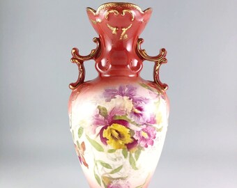 Royal Bonn Handled Bone China Vase, Floral Iris Blooming Flowers, Bleeding Gold Red Purple Yellow, Antique Made in Germany