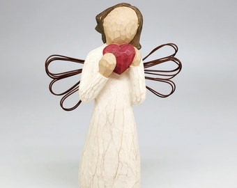 Willow Tree Angel of the Heart Figurine, Holding Red Heart, Wire Wings, Folk Art Cottagecore, Demdaco Susan Lordi, Vintage 2000