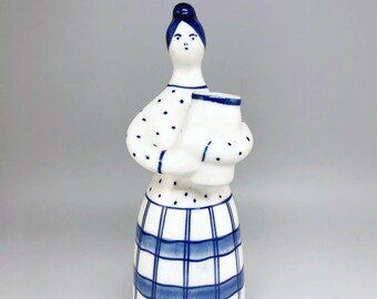 Russian Gzhel Folk Art Pottery, Woman Holding Jug Figurine, Hand Painted Blue & White Porcelain Vase, Vintage Made in USSR