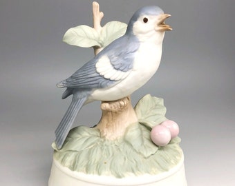 Crowning Touch Vintage Rotating Blue Bird Music Box, Branch with Berries, Plays What Child Is This Greensleeves Music, SEE VIDEO